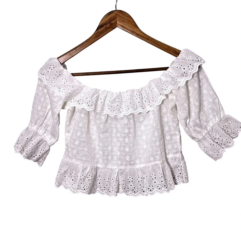 Zara‎ White Eyelet Milkmaid Peplum Crop Top XS Coquette Festival Coastal Cottage